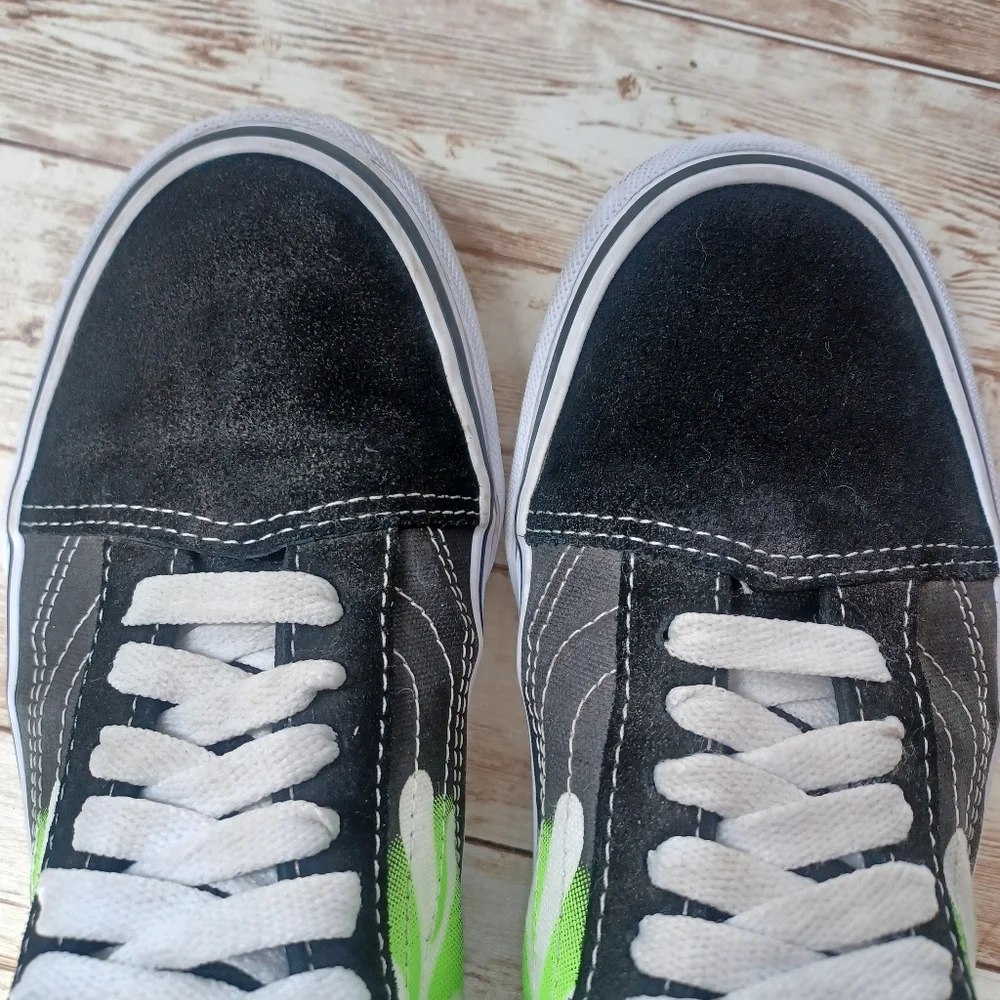 Vans Black White Canvas Neon Green Flames Suede Old Skool Skate Shoes Men's 6.5